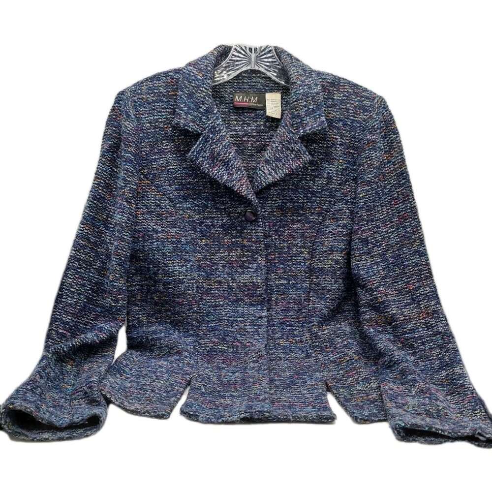 MHM Womens Jacket Size 8 Blue Button Up With Pockets Long Sleeve